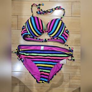 JCPenny Arizona Jean Co Colorful Rainbow Striped Top Bottom Bikini Swim Set M
